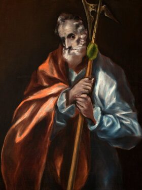 Imagem de São Judas Tadeu vestindo túnica verde e segurando um medalhão com a face de Cristo e uma clava