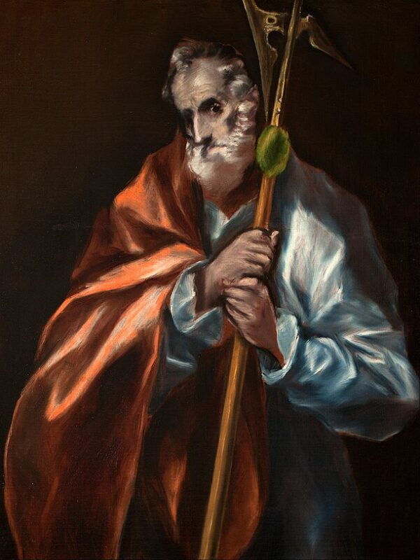 Imagem de São Judas Tadeu vestindo túnica verde e segurando um medalhão com a face de Cristo e uma clava