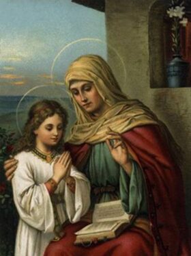 Santa Ana sentada, segurando um livro aberto e ensinando a menina Maria a ler, ambas com expressões de ternura