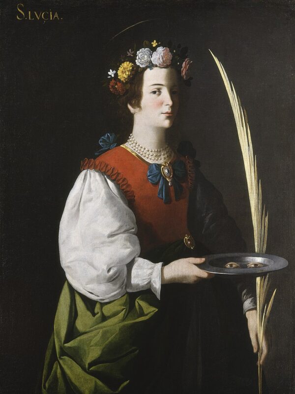 Santa Luzia segurando um ramo de palma em uma mão e uma bandeja com dois olhos na outra, vestindo túnica verde e manto vermelho