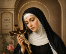 Retrato religioso de Santa Rita de Cássia vestindo hábito preto e branco, segurando um crucifixo com expressão serena e contemplativa. A santa aparece com halo dourado, rosas ao redor e uma coroa de espinhos sobre um livro religioso, em uma composição clássica de arte sacra