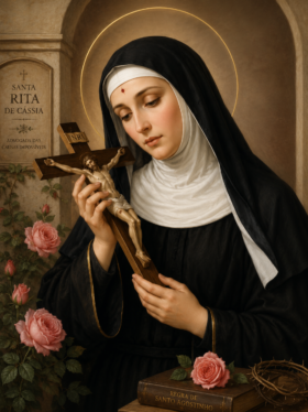 Retrato religioso de Santa Rita de Cássia vestindo hábito preto e branco, segurando um crucifixo com expressão serena e contemplativa. A santa aparece com halo dourado, rosas ao redor e uma coroa de espinhos sobre um livro religioso, em uma composição clássica de arte sacra