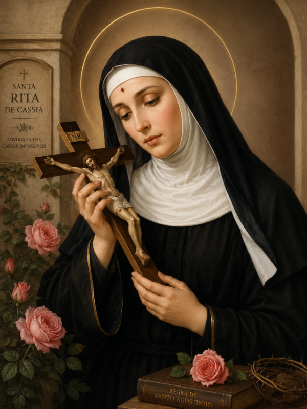Retrato religioso de Santa Rita de Cássia vestindo hábito preto e branco, segurando um crucifixo com expressão serena e contemplativa. A santa aparece com halo dourado, rosas ao redor e uma coroa de espinhos sobre um livro religioso, em uma composição clássica de arte sacra