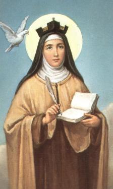 Santa Teresa d’Ávila em êxtase, segurando uma pena e um livro, com uma pomba branca simbolizando o Espírito Santo perto de seu ouvido