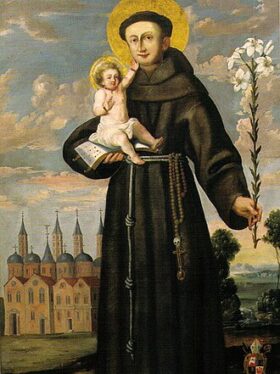 Santo Antônio de Pádua com hábito franciscano, segurando o Menino Jesus no colo e um ramo de lírios na mão