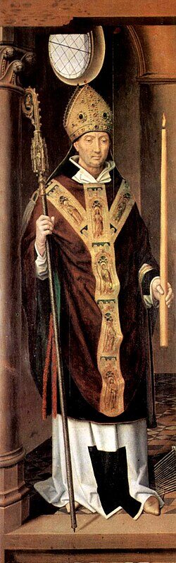 São Brás vestido com trajes de bispo, segurando um báculo e duas velas cruzadas, com uma mão estendida em sinal de bênção