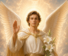 Arcanjo São Gabriel com asas brancas e auréola dourada, vestido com túnica clara e detalhes dourados, segurando um lírio branco na mão esquerda enquanto levanta a mão direita em gesto de saudação, envolto por nuvens iluminadas e luz celestial