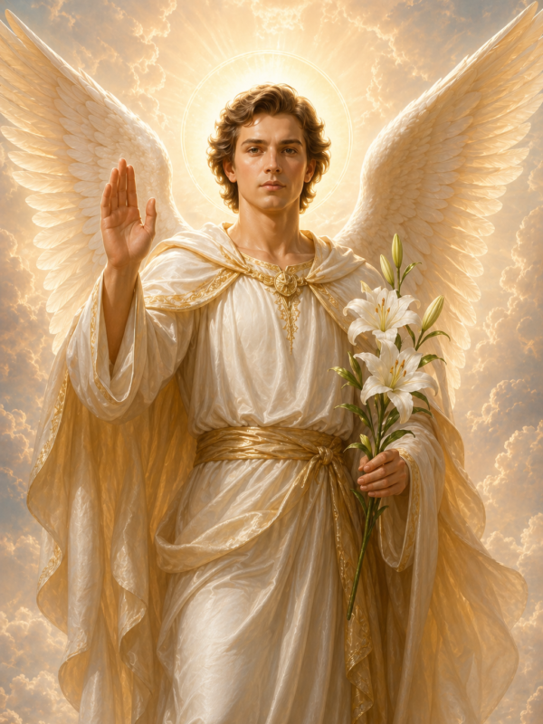 Arcanjo São Gabriel com asas brancas e auréola dourada, vestido com túnica clara e detalhes dourados, segurando um lírio branco na mão esquerda enquanto levanta a mão direita em gesto de saudação, envolto por nuvens iluminadas e luz celestial