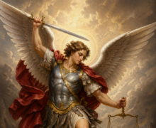 Ilustração de São Miguel Arcanjo como um anjo guerreiro, com grandes asas abertas, vestindo armadura e manto vermelho, segurando uma espada erguida e uma balança, enquanto pisa sobre um demônio derrotado em meio a um cenário dramático com fogo e nuvens ao fundo