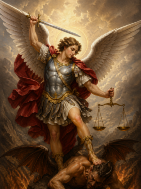 Ilustração de São Miguel Arcanjo como um anjo guerreiro, com grandes asas abertas, vestindo armadura e manto vermelho, segurando uma espada erguida e uma balança, enquanto pisa sobre um demônio derrotado em meio a um cenário dramático com fogo e nuvens ao fundo