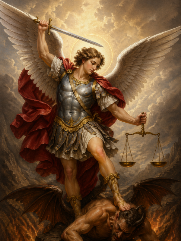 Ilustração de São Miguel Arcanjo como um anjo guerreiro, com grandes asas abertas, vestindo armadura e manto vermelho, segurando uma espada erguida e uma balança, enquanto pisa sobre um demônio derrotado em meio a um cenário dramático com fogo e nuvens ao fundo