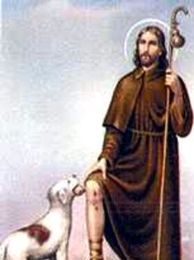 São Roque vestido como peregrino, apontando para uma ferida na sua coxa, com um cão ao seu lado trazendo um pão na boca