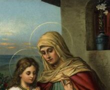 Santa Ana sentada, segurando um livro aberto e ensinando a menina Maria a ler, ambas com expressões de ternura