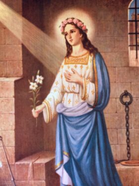 Santa Filomena jovem, com coroa de flores, segurando uma palma, uma âncora e flechas ao seu lado