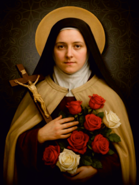Santa Teresinha do Menino Jesus segurando um crucifixo e um buquê de rosas, vestindo o hábito carmelita.