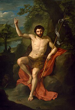 São João Batista no Rio Jordão, segurando um cajado em forma de cruz com uma flâmula 'Ecce Agnus Dei', batizando Jesus.