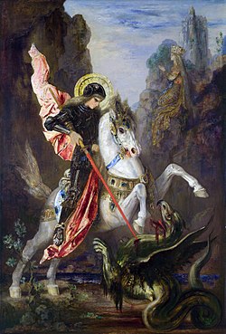 São Jorge montado em um cavalo branco, vestindo armadura e atravessando um dragão com sua lança