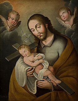 São José segurando o Menino Jesus nos braços, com anjos ao redor e um lírio na mão, em pintura religiosa clássica