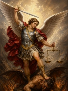 Ilustração de São Miguel Arcanjo como um anjo guerreiro, com grandes asas abertas, vestindo armadura e manto vermelho, segurando uma espada erguida e uma balança, enquanto pisa sobre um demônio derrotado em meio a um cenário dramático com fogo e nuvens ao fundo