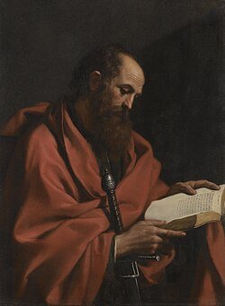 São Paulo Apóstolo segurando uma espada (símbolo do seu martírio e da Palavra de Deus) e um livro