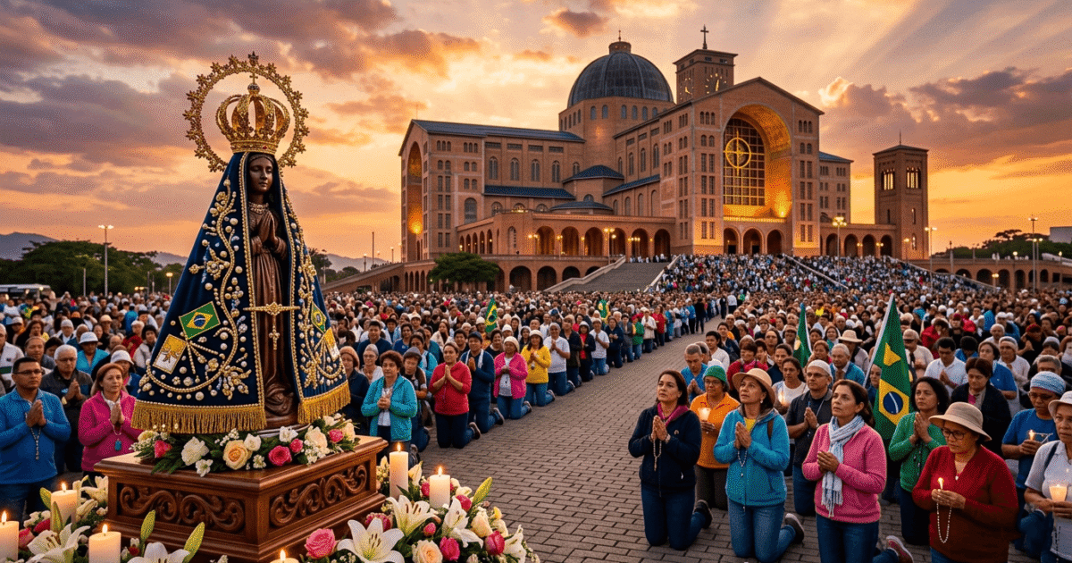 Imagem inspiradora de Nossa Senhora Aparecida em destaque diante do Santuário Nacional de Aparecida, céu iluminado ao pôr do sol, fiéis rezando ao fundo, atmosfera de fé e esperança, estilo realista com iluminação dramática, riqueza de detalhes, arte sacra católica brasileira