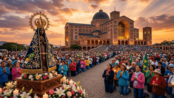 Imagem inspiradora de Nossa Senhora Aparecida em destaque diante do Santuário Nacional de Aparecida, céu iluminado ao pôr do sol, fiéis rezando ao fundo, atmosfera de fé e esperança, estilo realista com iluminação dramática, riqueza de detalhes, arte sacra católica brasileira