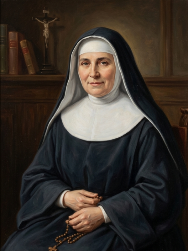Pintura a óleo em estilo clássico retratando a Beata Ana Rosa Gattorno. Ela é representada como uma freira de expressão serena e olhar compassivo, vestindo o hábito escuro e o véu preto e branco de sua congregação. Suas mãos repousam sobre o colo, segurando um terço de madeira com uma cruz. Ao fundo, em um ambiente sóbrio que sugere um escritório ou cela conventual, veem-se livros e um crucifixo sobre um móvel. A obra está contida em uma moldura dourada ornamentada com detalhes esculpidos