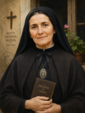 Retrato artístico da Beata Antônia Mesina em estilo sacro, vestindo hábito escuro e segurando um livro religioso diante de uma parede rústica com cruz cristã ao fundo.