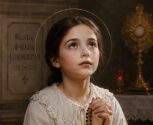 Ilustração religiosa da Beata Imelda Lambertini ajoelhada em oração dentro de uma igreja, vestindo túnica branca com detalhes rendados, segurando um rosário com crucifixo nas mãos e olhando para o alto com expressão serena. Ao fundo, há um ostensório dourado sobre o altar e um halo luminoso em torno de sua cabeça, em uma cena com iluminação suave e atmosfera devocional