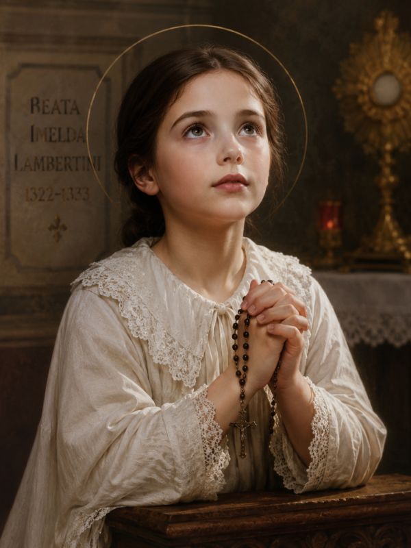 Ilustração religiosa da Beata Imelda Lambertini ajoelhada em oração dentro de uma igreja, vestindo túnica branca com detalhes rendados, segurando um rosário com crucifixo nas mãos e olhando para o alto com expressão serena. Ao fundo, há um ostensório dourado sobre o altar e um halo luminoso em torno de sua cabeça, em uma cena com iluminação suave e atmosfera devocional