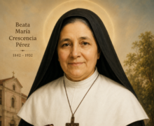 Retrato artístico da Beata Maria Crescência Pérez vestida com hábito religioso preto e branco, segurando um livro religioso e um crucifixo, com expressão serena e fundo suave de igreja e natureza