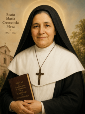 Retrato artístico da Beata Maria Crescência Pérez vestida com hábito religioso preto e branco, segurando um livro religioso e um crucifixo, com expressão serena e fundo suave de igreja e natureza