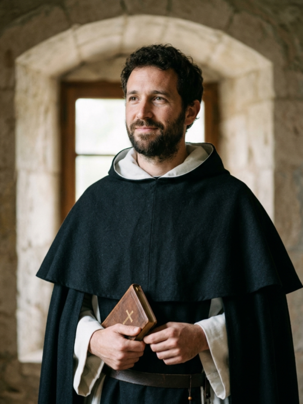 Retrato do Beato André Abellon, frade dominicano com barba e cabelos escuros, vestindo o hábito preto e branco da Ordem dos Pregadores. Ele segura uma pequena Bíblia de capa de couro com uma cruz dourada, posicionado em frente a uma janela em arco de pedra em um ambiente monástico antigo