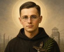 Imagem artística do Beato Estêvão Grelewski em estilo realista, retratado como um jovem sacerdote com expressão serena, usando óculos redondos e vestes religiosas escuras. Ele segura um crucifixo e uma palma de martírio junto ao peito, com um halo luminoso ao redor da cabeça. Ao fundo, aparecem cercas e uma torre de vigilância em cenário sombrio que remete à perseguição religiosa durante a Segunda Guerra Mundial. Na parte inferior da imagem está escrito “Beato Estêvão Grelewski (1918–1941), Mártir da Caridade e da Fé”