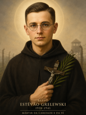 Imagem artística do Beato Estêvão Grelewski em estilo realista, retratado como um jovem sacerdote com expressão serena, usando óculos redondos e vestes religiosas escuras. Ele segura um crucifixo e uma palma de martírio junto ao peito, com um halo luminoso ao redor da cabeça. Ao fundo, aparecem cercas e uma torre de vigilância em cenário sombrio que remete à perseguição religiosa durante a Segunda Guerra Mundial. Na parte inferior da imagem está escrito “Beato Estêvão Grelewski (1918–1941), Mártir da Caridade e da Fé”