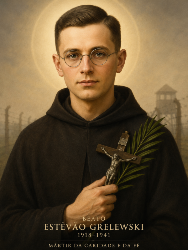 Imagem artística do Beato Estêvão Grelewski em estilo realista, retratado como um jovem sacerdote com expressão serena, usando óculos redondos e vestes religiosas escuras. Ele segura um crucifixo e uma palma de martírio junto ao peito, com um halo luminoso ao redor da cabeça. Ao fundo, aparecem cercas e uma torre de vigilância em cenário sombrio que remete à perseguição religiosa durante a Segunda Guerra Mundial. Na parte inferior da imagem está escrito “Beato Estêvão Grelewski (1918–1941), Mártir da Caridade e da Fé”