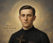 Retrato religioso do Beato Ivan Ziatyk em estilo clássico sacro, mostrando o sacerdote jovem com vestes escuras, segurando um crucifixo e um livro religioso, com halo dourado ao fundo e expressão serena de devoção
