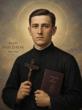 Retrato religioso do Beato Ivan Ziatyk em estilo clássico sacro, mostrando o sacerdote jovem com vestes escuras, segurando um crucifixo e um livro religioso, com halo dourado ao fundo e expressão serena de devoção
