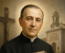 Retrato religioso do Beato Luís Talamóni vestido com batina preta, segurando um livro, com expressão serena e halo de santidade ao fundo, ao lado de um crucifixo e de uma igreja em estilo clássico