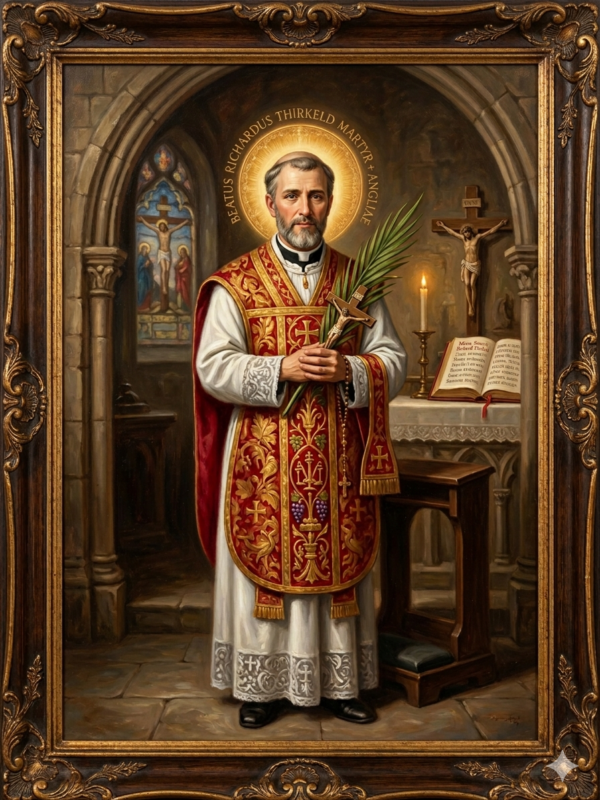 Pintura digital de estilo clássico do Beato Ricardo Thirkeld representado de corpo inteiro como mártir católico, inserida em uma moldura de madeira escura com ornamentos dourados. O beato é retratado como um sacerdote maduro com barba grisalha e calvície clerical, cercado por uma auréola dourada luminosa onde se lê a inscrição em latim "BEATUS RICHARDUS THIRKELD MARTYR + ANGLIAE". Ele veste uma túnica litúrgica branca com detalhes em renda na barra e uma casula vermelha ricamente ornamentada com bordados dourados, símbolos litúrgicos e um terço pendurado. Com as duas mãos juntas ao peito, segura firmemente um pequeno crucifixo de madeira e uma palma de martírio verde. O cenário ao fundo recria o interior de uma capela medieval de pedra, exibindo um arco arquitetônico com um vitral colorido da crucificação de Jesus à esquerda e, à direita, um altar iluminado por uma vela acesa com um crucifixo e um livro litúrgico aberto.