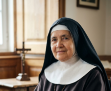 Retrato fotográfico de uma freira idosa, representando a Irmã Lúcia de Jesus, sentada em um ambiente austero e iluminado. Ela veste um hábito carmelita marrom escuro com um véu preto e uma gola branca impecável. A freira sorri suavemente para a câmera, segurando um pequeno livro antigo e seus óculos nas mãos. Ao fundo, vê-se uma mesa de madeira com um crucifixo e uma janela que deixa entrar uma luz natural suave