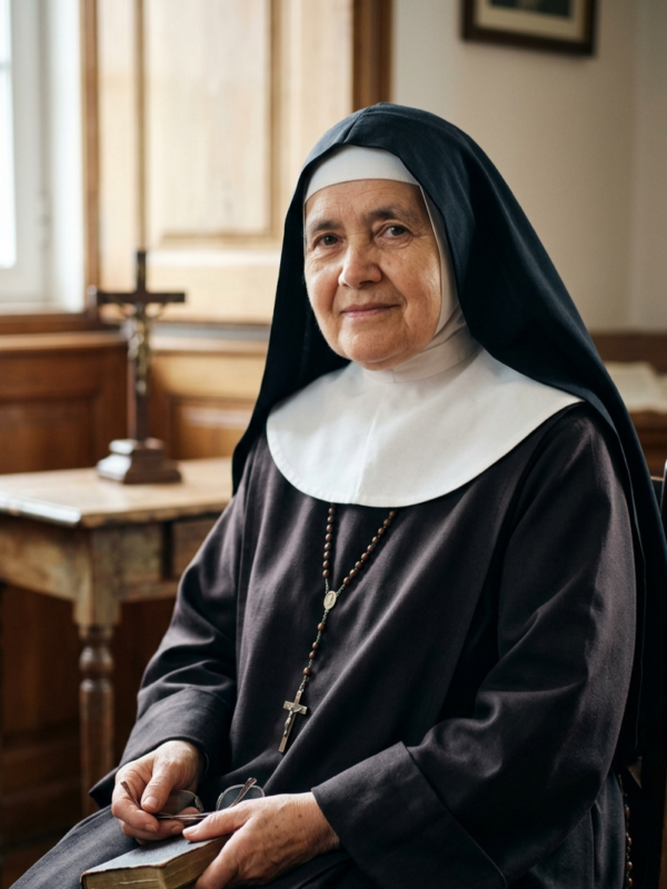 Retrato fotográfico de uma freira idosa, representando a Irmã Lúcia de Jesus, sentada em um ambiente austero e iluminado. Ela veste um hábito carmelita marrom escuro com um véu preto e uma gola branca impecável. A freira sorri suavemente para a câmera, segurando um pequeno livro antigo e seus óculos nas mãos. Ao fundo, vê-se uma mesa de madeira com um crucifixo e uma janela que deixa entrar uma luz natural suave