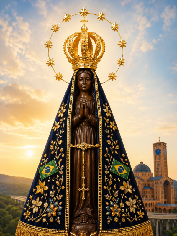 Imagem de Nossa Senhora Aparecida com manto azul bordado em dourado, coroa real e mãos em oração, iluminada por luz celestial ao pôr do sol, com a Basílica de Aparecida ao fundo