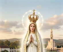 Retrato de Nossa Senhora de Fátima em pé sobre uma pequena azinheira com rosas, rodeada por uma aura luminosa e uma coroa de estrelas. Ela veste um manto branco com bordados dourados e segura um terço. Abaixo, os três pastorinhos (Lúcia, Francisco e Jacinta) aparecem ajoelhados em oração, com o Santuário de Fátima ao fundo sob um céu suave de entardecer