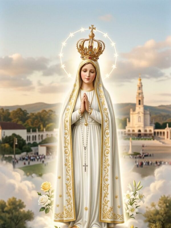 Retrato de Nossa Senhora de Fátima em pé sobre uma pequena azinheira com rosas, rodeada por uma aura luminosa e uma coroa de estrelas. Ela veste um manto branco com bordados dourados e segura um terço. Abaixo, os três pastorinhos (Lúcia, Francisco e Jacinta) aparecem ajoelhados em oração, com o Santuário de Fátima ao fundo sob um céu suave de entardecer