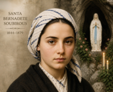 Retrato devocional de Santa Bernadete Soubirous jovem, com expressão serena e olhar direto, vestindo roupas simples e lenço na cabeça, diante de uma gruta com a imagem da Virgem Maria ao fundo e velas acesas, em atmosfera suave e religiosa.