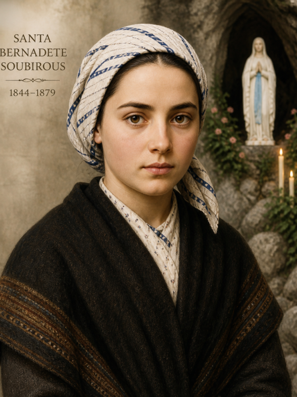 Retrato devocional de Santa Bernadete Soubirous jovem, com expressão serena e olhar direto, vestindo roupas simples e lenço na cabeça, diante de uma gruta com a imagem da Virgem Maria ao fundo e velas acesas, em atmosfera suave e religiosa.
