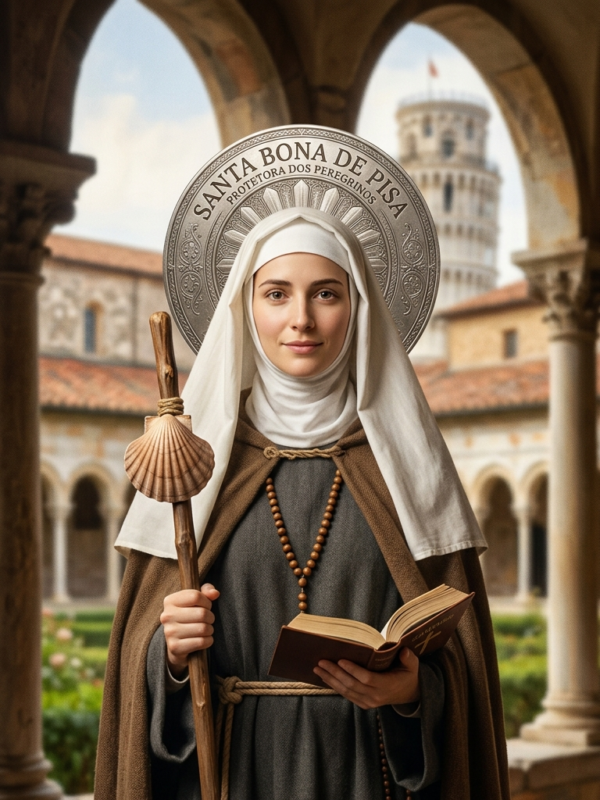 Pintura digital de Santa Bona de Pisa representada em formato de retrato católico de meio corpo. A santa, com semblante jovem e sereno, veste uma túnica cinza com cordão de nós na cintura sob um manto marrom rústico e um véu branco que emoldura seu rosto. Atrás de sua cabeça, destaca-se uma auréola metálica prateada com gravações ornamentadas em relevo e a inscrição "SANTA BONA DE PISA - PROTETORA DOS PEREGRINOS". Com a mão direita, ela segura um cajado de madeira rústica decorado com uma concha de Vieira presa por cordas; com a mão esquerda, ampara um livro litúrgico aberto. Um terço de madeira escura com um crucifixo pende de sua cintura. O cenário ao fundo recria um claustro medieval com arcos de pedra, colunas clássicas e um jardim central, revelando a Torre de Pisa ao fundo sob um céu claro. No canto inferior direito da imagem, está discretamente posicionado o logotipo do Portal Nossos Santos Católicos.