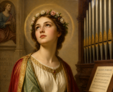 Santa Cecília representada em estilo clássico, sentada diante de um órgão, com auréola e expressão serena voltada ao céu, vestindo roupas elegantes em tons de vermelho e dourado, com flores nos cabelos e lírios ao lado, simbolizando pureza e devoção à música sacra