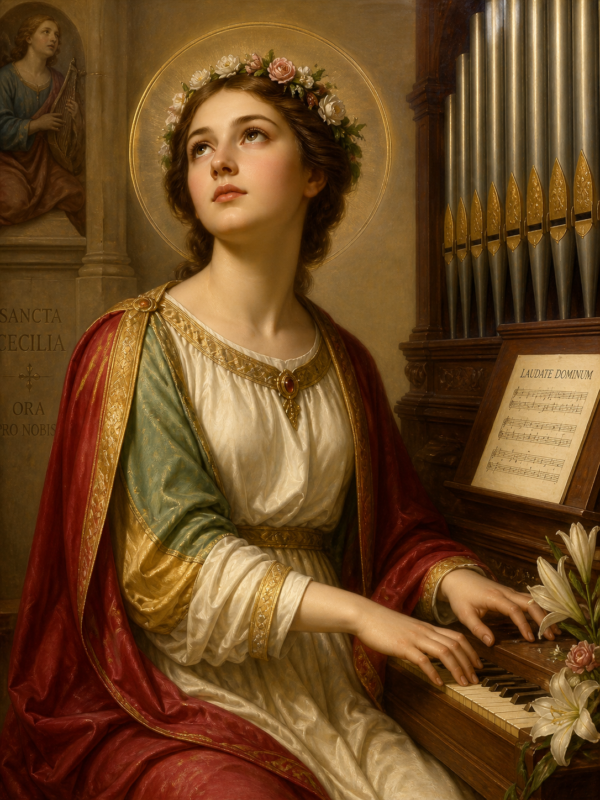 Santa Cecília representada em estilo clássico, sentada diante de um órgão, com auréola e expressão serena voltada ao céu, vestindo roupas elegantes em tons de vermelho e dourado, com flores nos cabelos e lírios ao lado, simbolizando pureza e devoção à música sacra